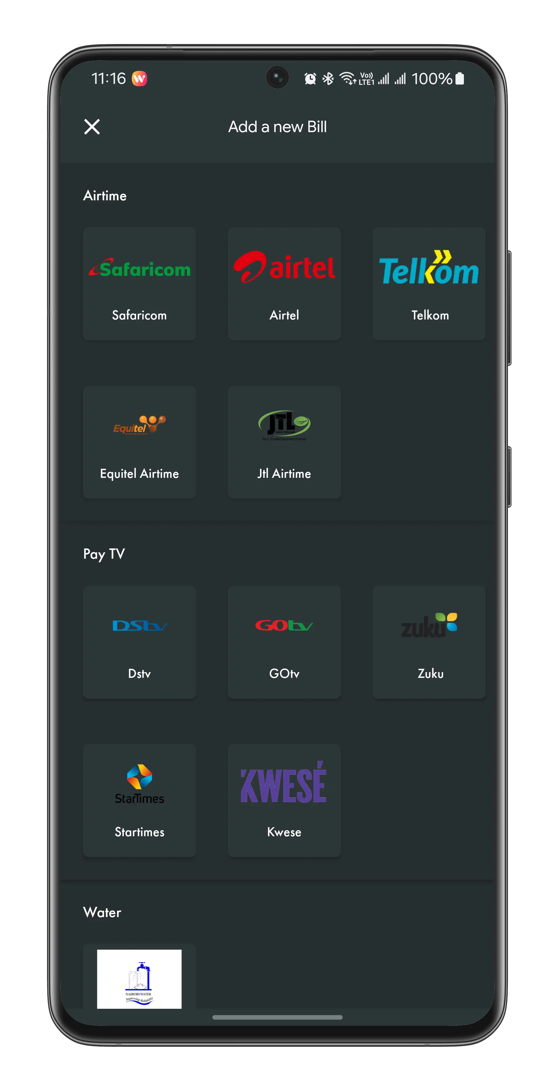 Bill payment screen